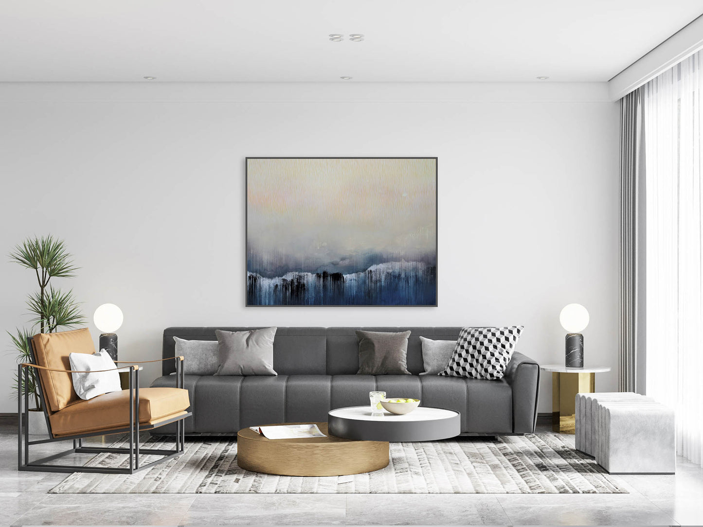 Modern living room with gray sofa, brown armchair, and abstract painting on wall.