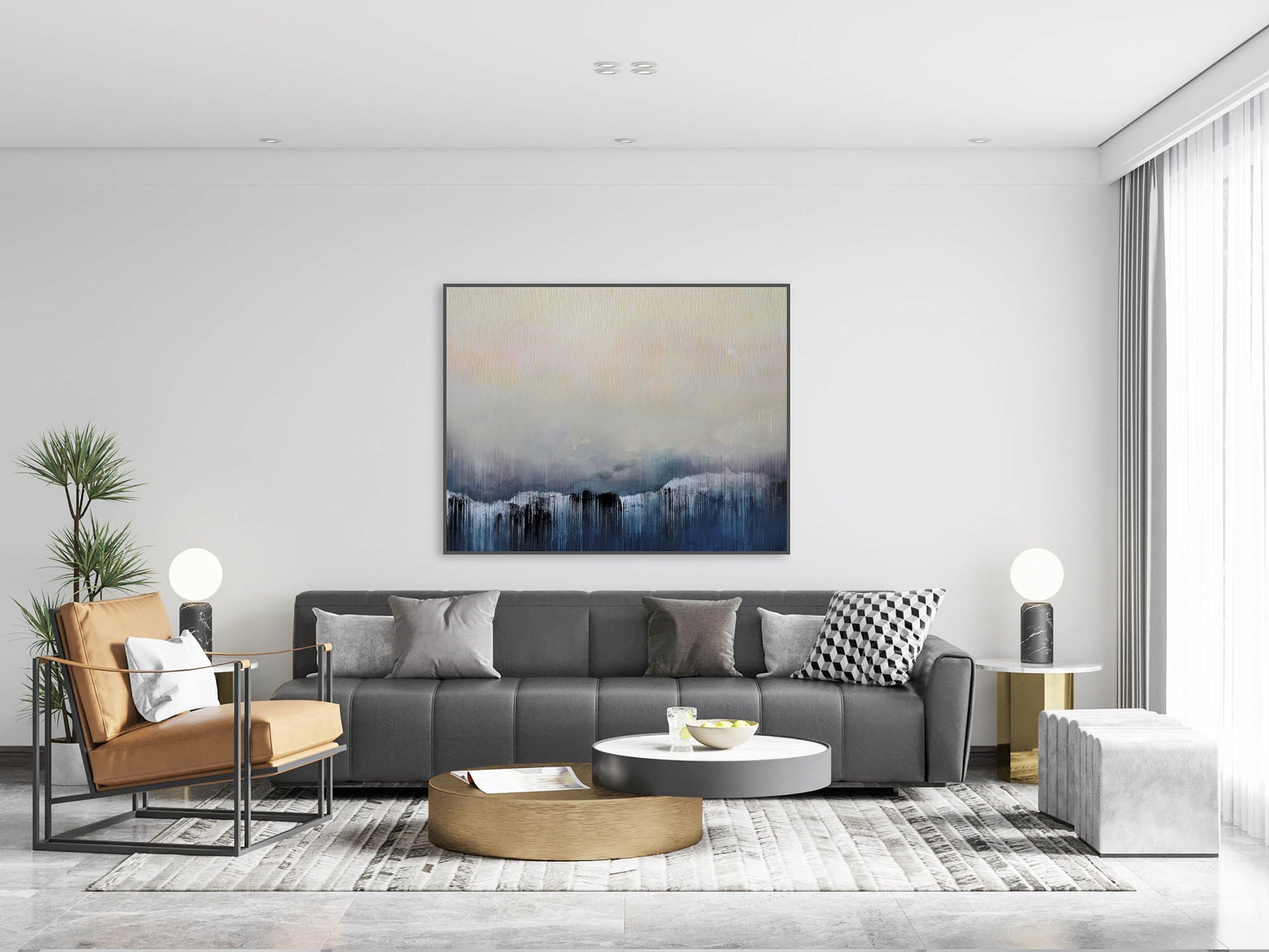 Modern living room with gray sofa, brown armchair, and abstract painting on wall.