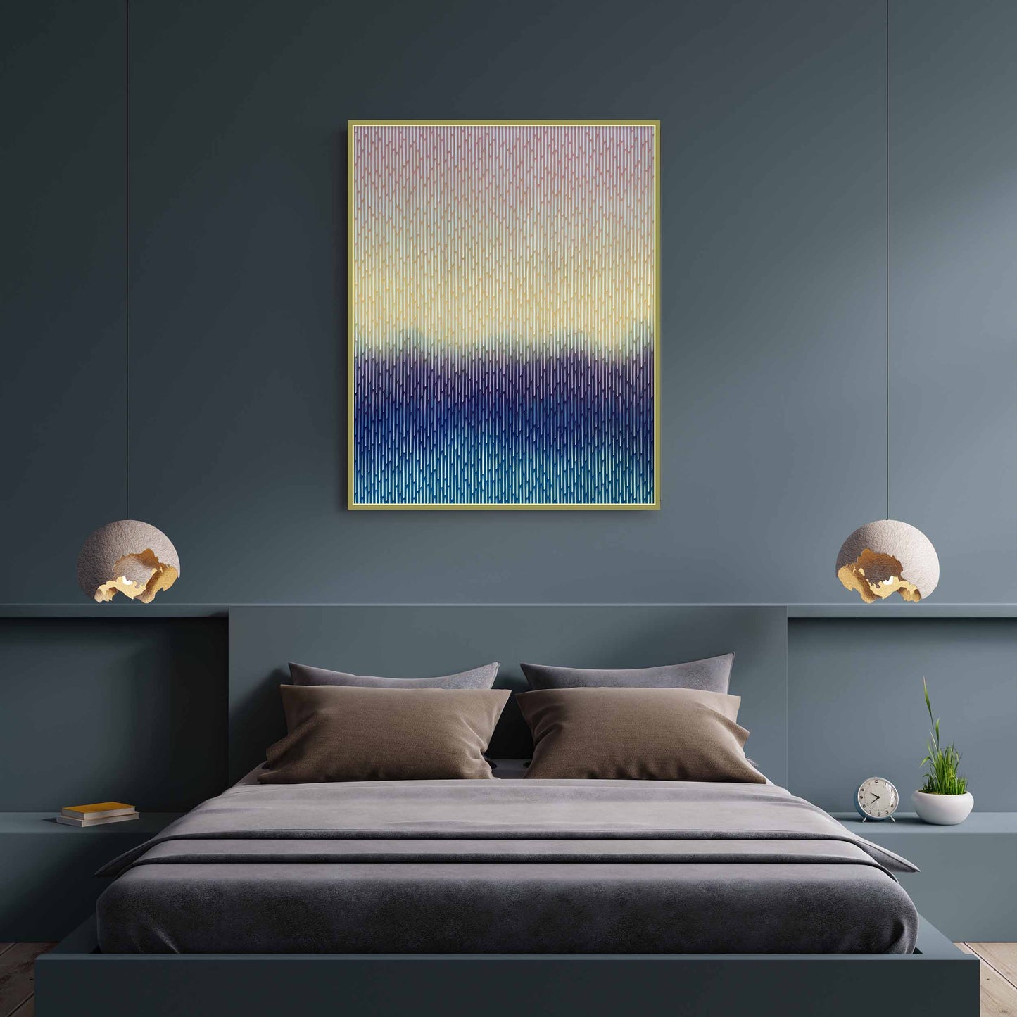 Large contemporary wall art Mirage No. 39 by Vasyl Kolodiy displayed in a minimalist luxury living room interior over a  bed.
