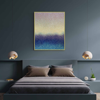 Large contemporary wall art Mirage No. 39 by Vasyl Kolodiy displayed in a minimalist luxury living room interior over a  bed.
