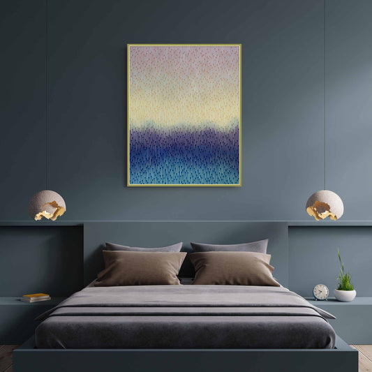 Large contemporary wall art Mirage No. 39 by Vasyl Kolodiy displayed in a minimalist luxury living room interior over a  bed.