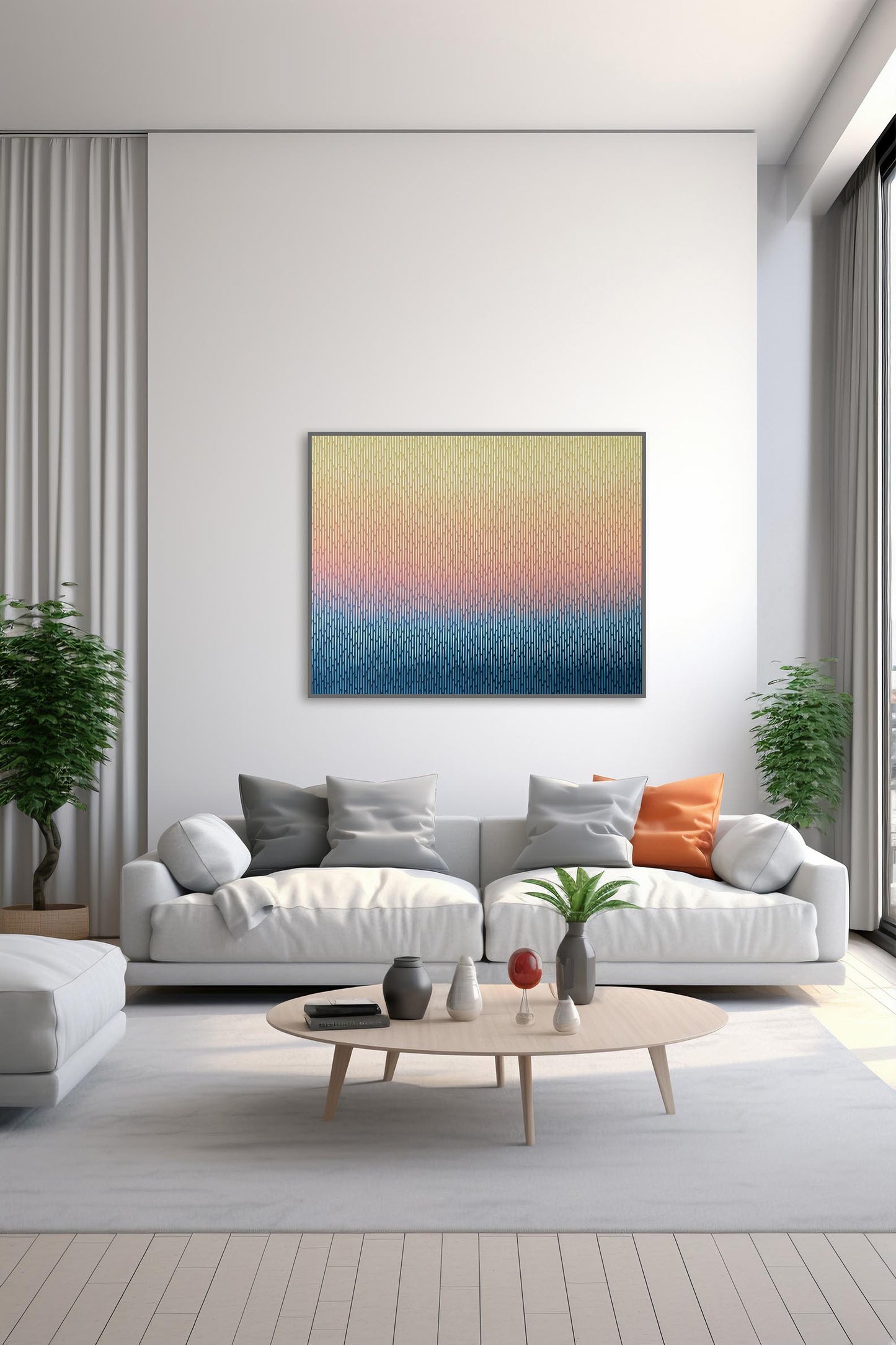 Modern living room with a white sofa, coffee table, and large abstract painting Mirage No. 58 as a centerpiece.