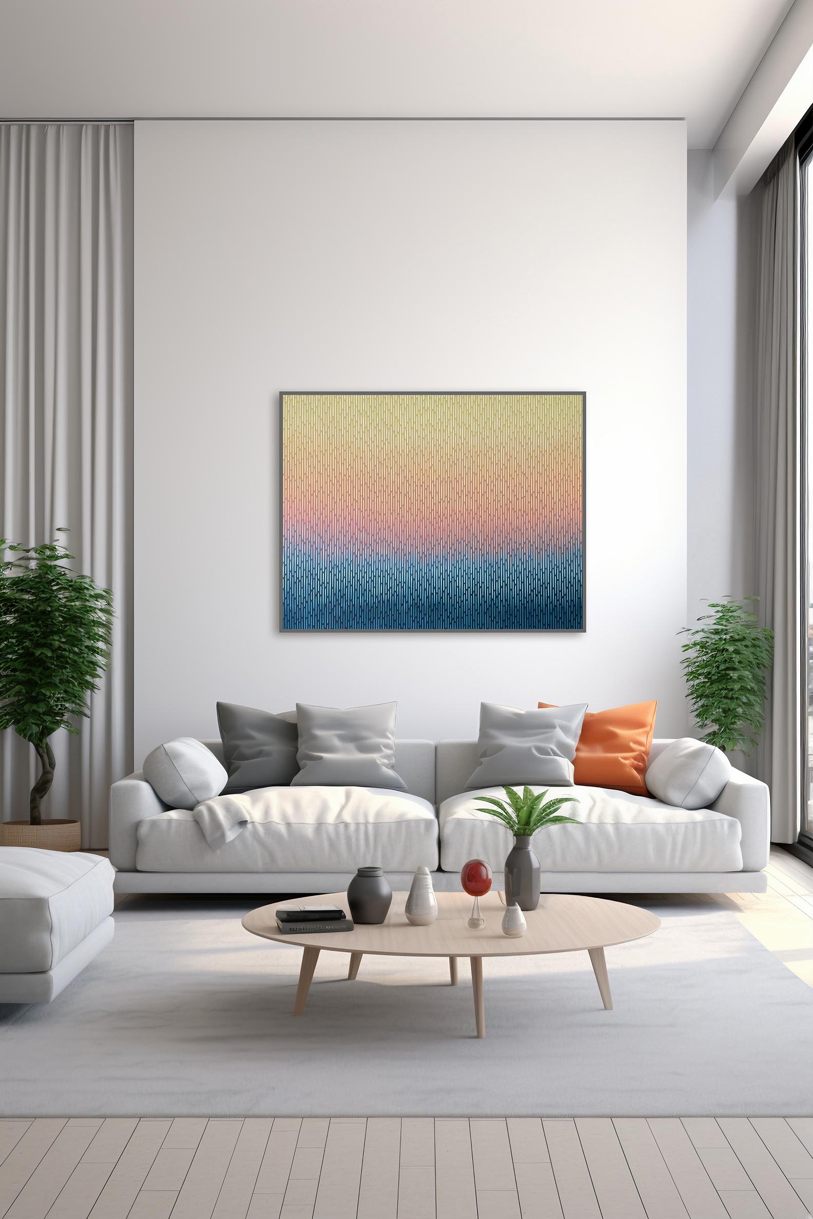 Modern living room with a white sofa, coffee table, and large abstract painting Mirage No. 58 as a centerpiece.