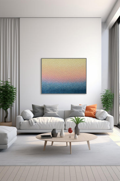 Modern living room with a white sofa, coffee table, and large abstract painting Mirage No. 58 as a centerpiece.