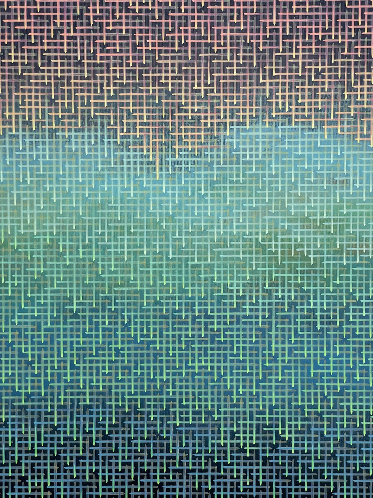 Gradient artwork of blue and green squares with a textured border 