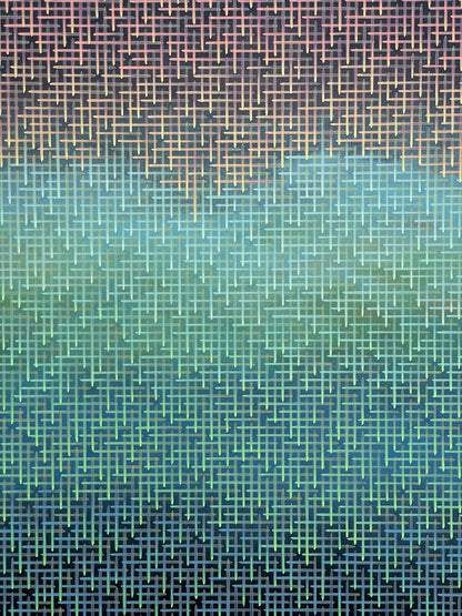 Gradient artwork of blue and green squares with a textured border 