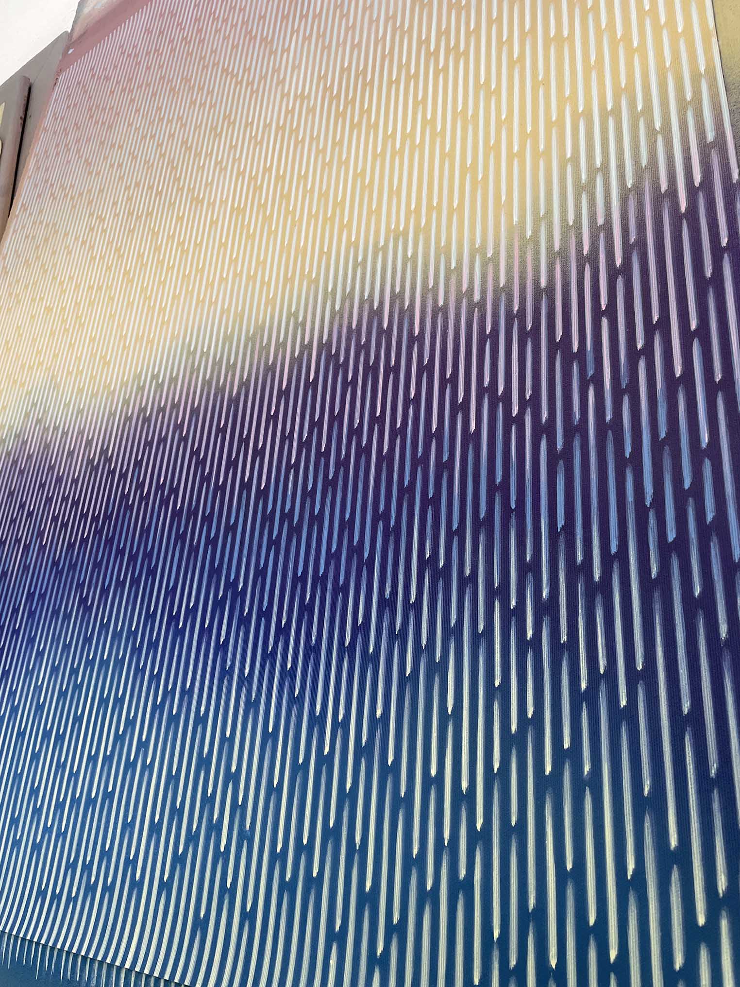 Close-up detail of the optical illusion of depth and atmospheric mist effect on the smooth surface of Mirage No. 39 painting.