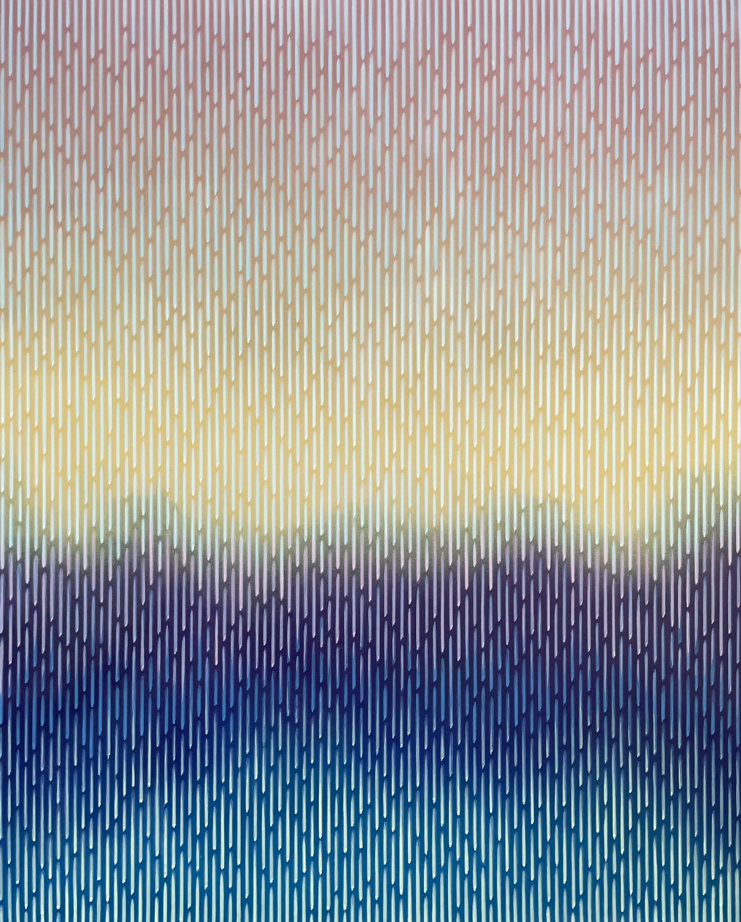 Original abstract landscape painting Mirage No. 39 by Vasyl Kolodiy, featuring a smooth acrylic canvas with an ethereal sunrise optical pattern.
