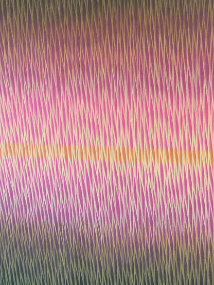 Textured fabric with a pattern of thin lines in purple, green, and gold.