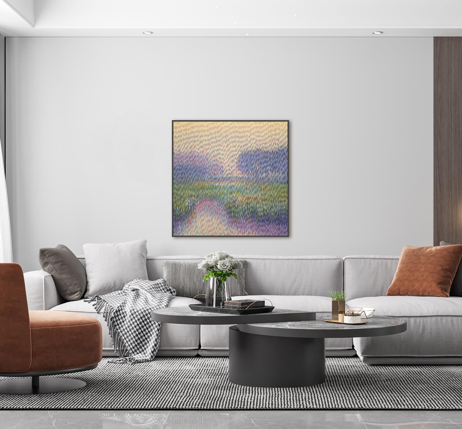 Modern living room with a gray sofa, brown armchair, and abstract painting on the wall.