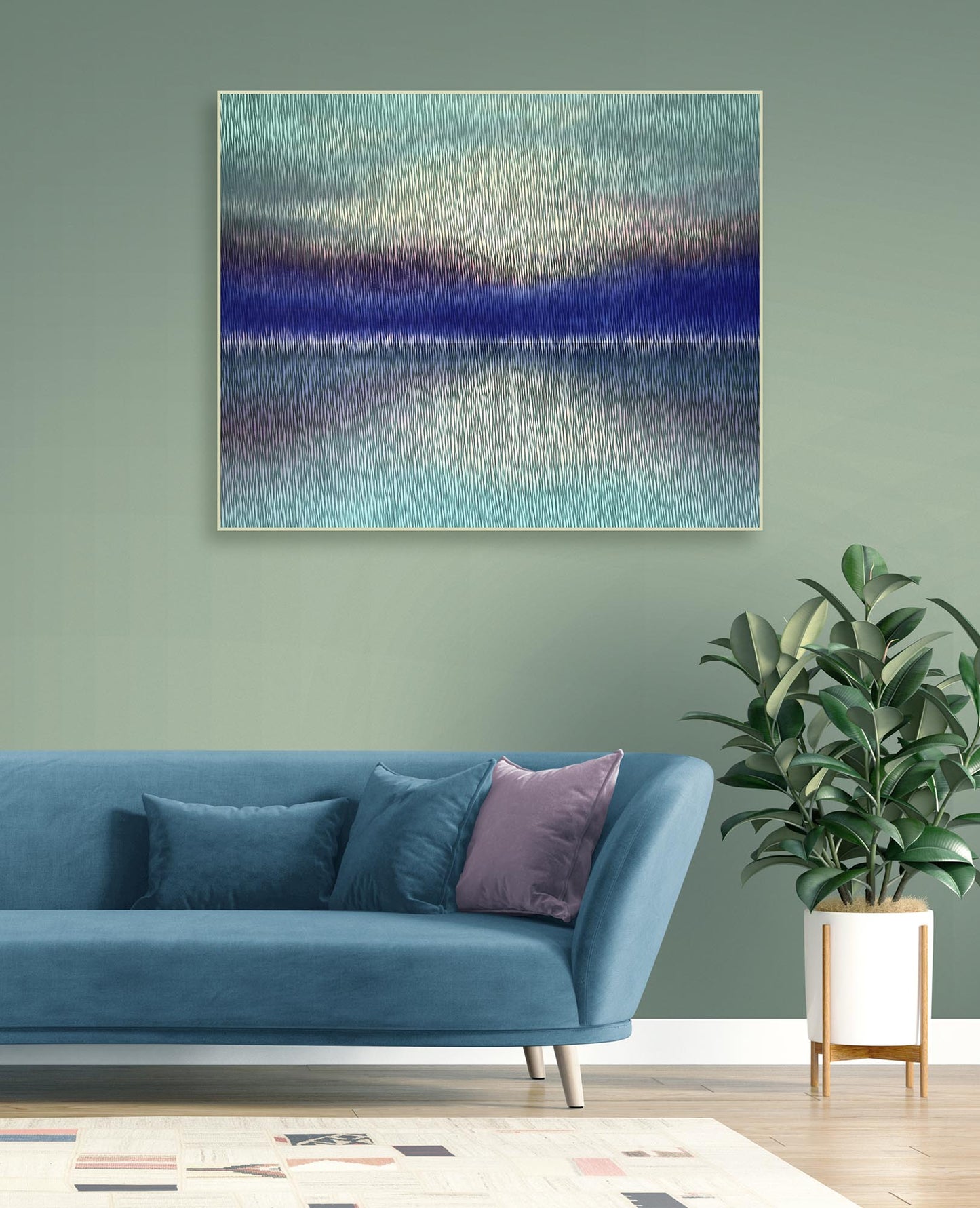 Living room with a blue sofa, plant, and abstract painting on a green wall