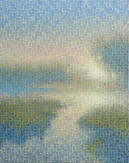 Abstract pattern of blue and green squares on a textured background