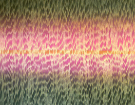 Abstract pattern with vertical lines in pink, green, and yellow.