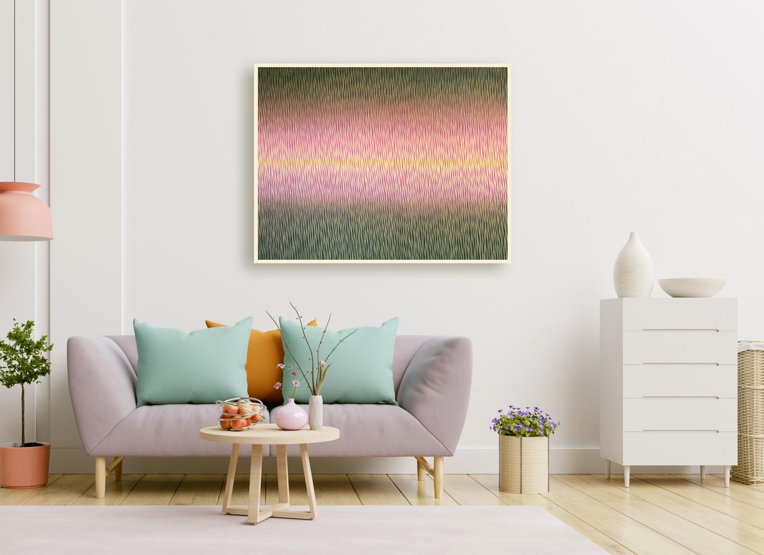 Modern living room with a gray sofa, colorful cushions, and a abstract painting on the wall.