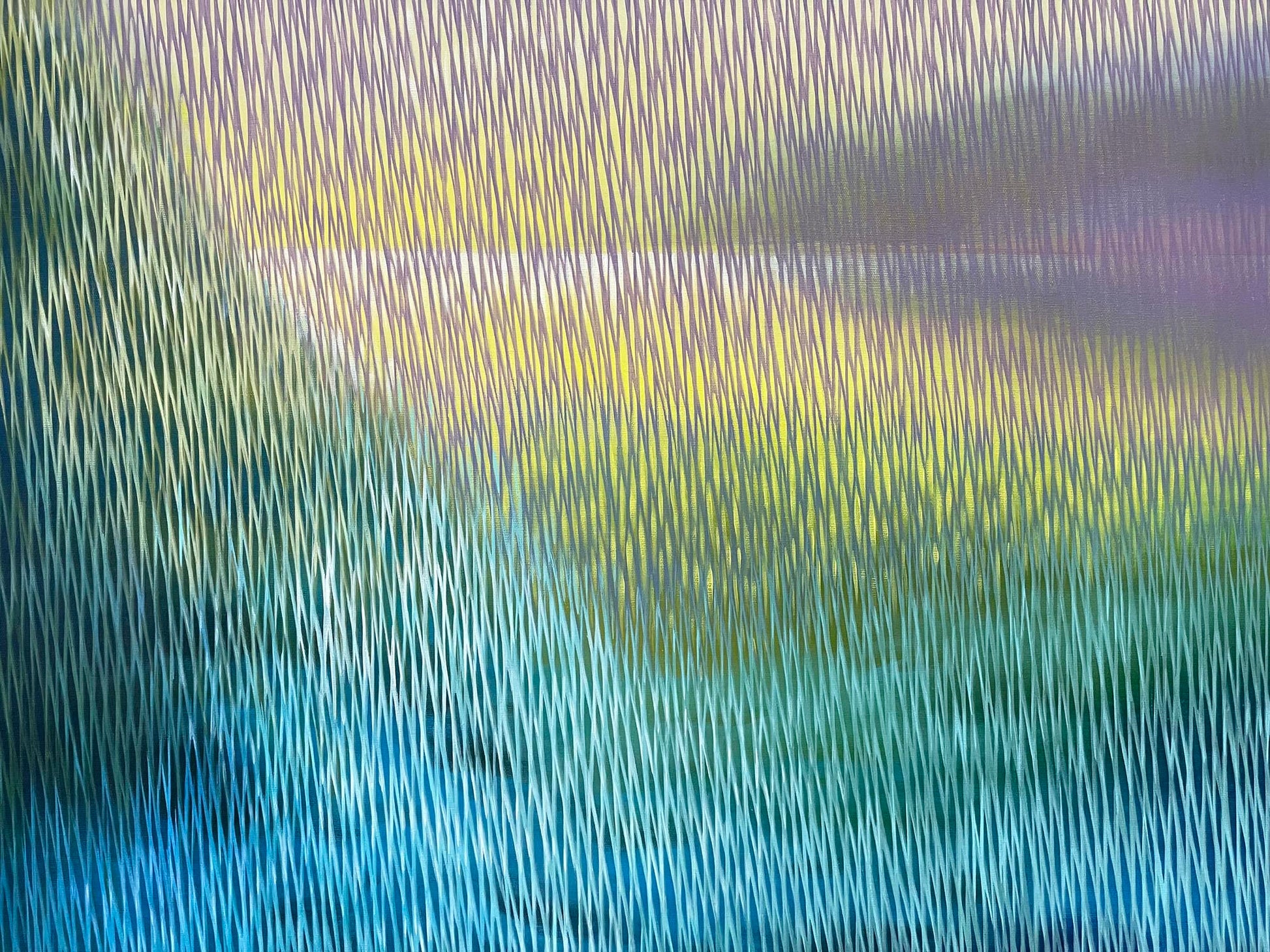 Abstract painting of vertical lines in green, blue, and purple
