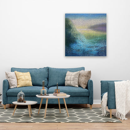 Living room with blue sofa, decorative pillows, and a colorful abstract painting on the wall.