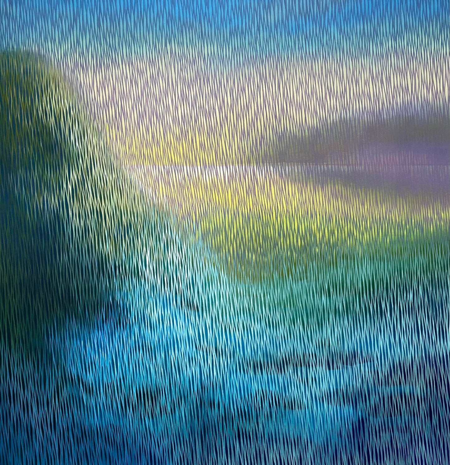 Abstract painting with vertical lines in blue, green, and purple