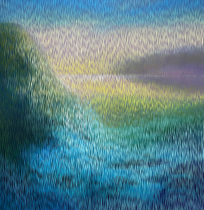 Abstract painting with vertical lines in blue, green, and purple