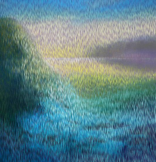 Abstract painting with vertical lines in blue, green, and purple