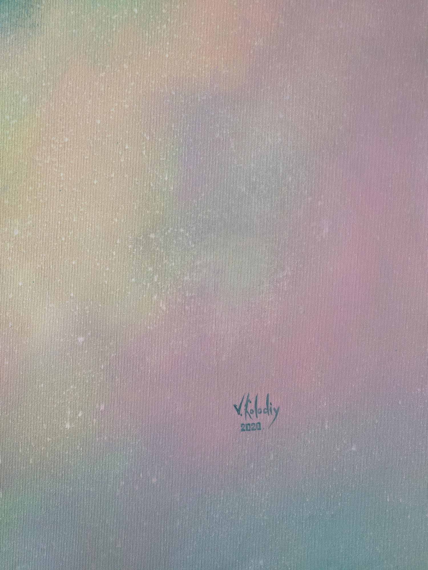 Fragment of original painting by artist Vasyl Kolodiy. Gradient background with pastel colors and a logo in the corner