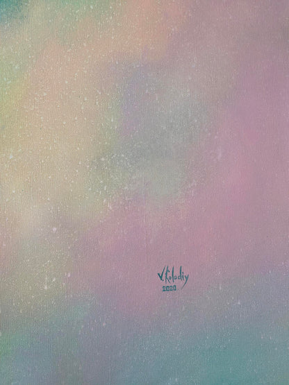 Fragment of original painting by artist Vasyl Kolodiy. Gradient background with pastel colors and a logo in the corner