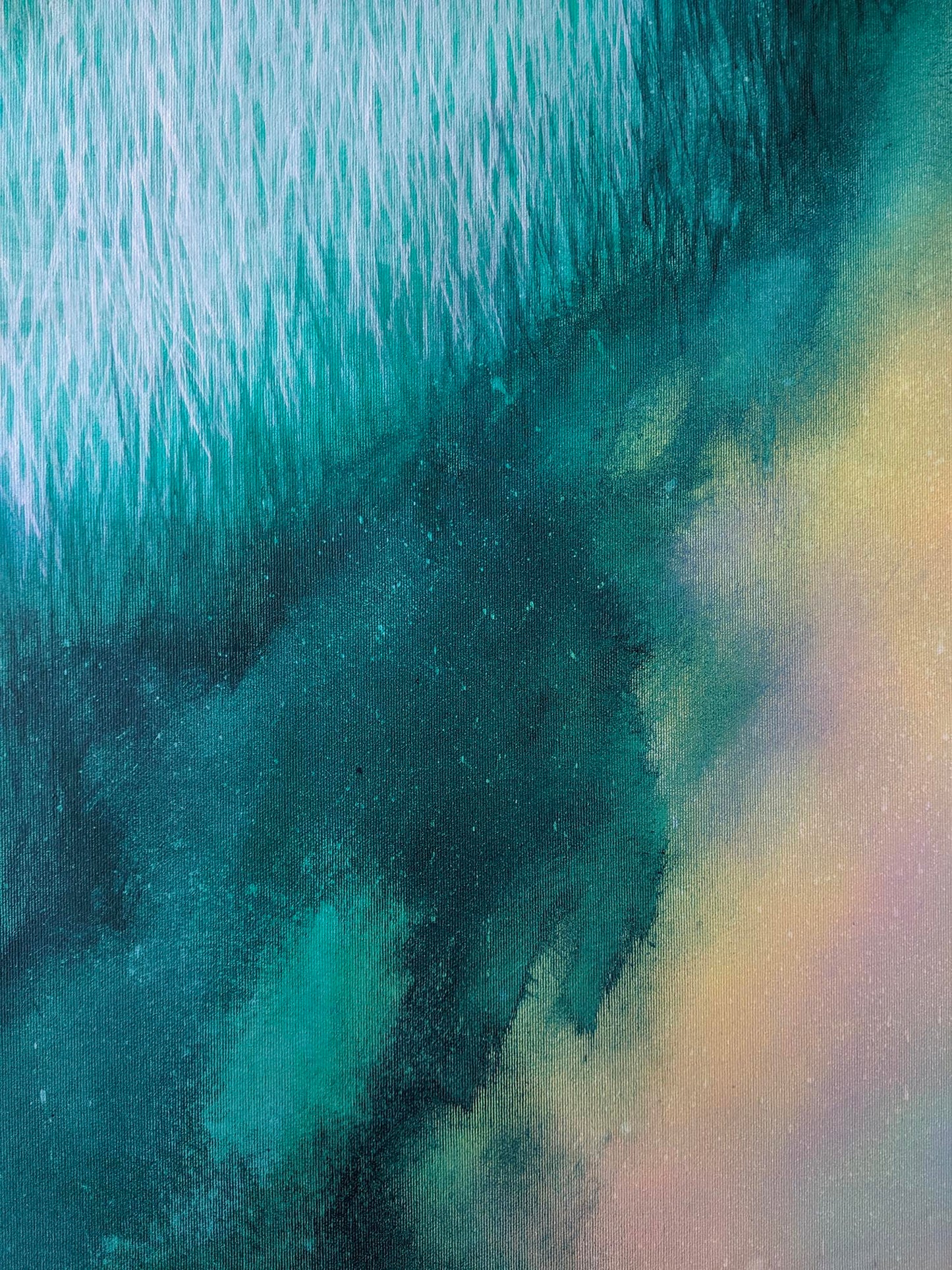 Abstract fragment acrylic painting with teal, black, and yellow hues