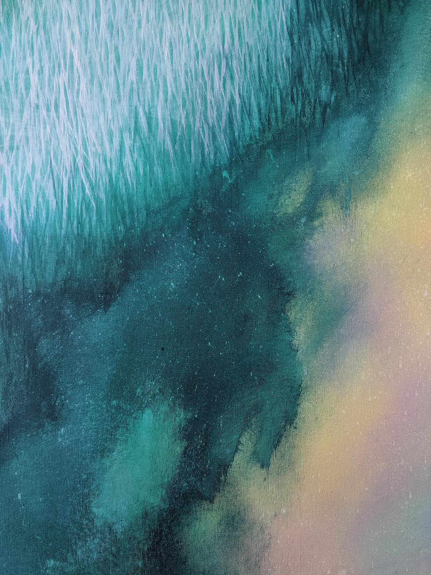 Abstract fragment acrylic painting with teal, black, and yellow hues
