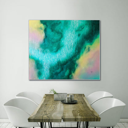Abstract painting on a wall above a dining table with chairs.