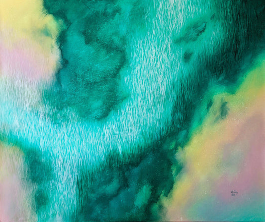 Contemporary abstract artwork with a mix of green, yellow, and pink colors.