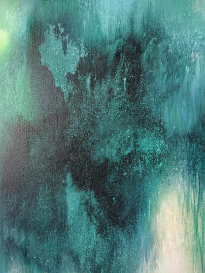 Abstract art with teal, black, and white colors