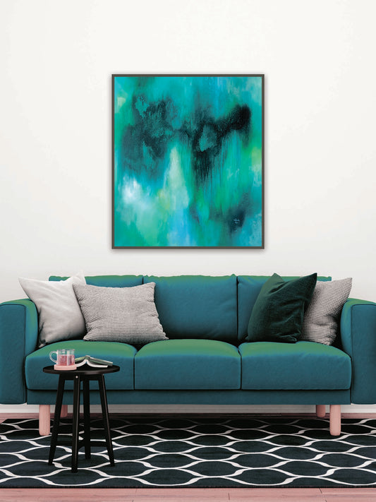 Modern living room with a teal sofa, abstract green painting, and geometric rug.