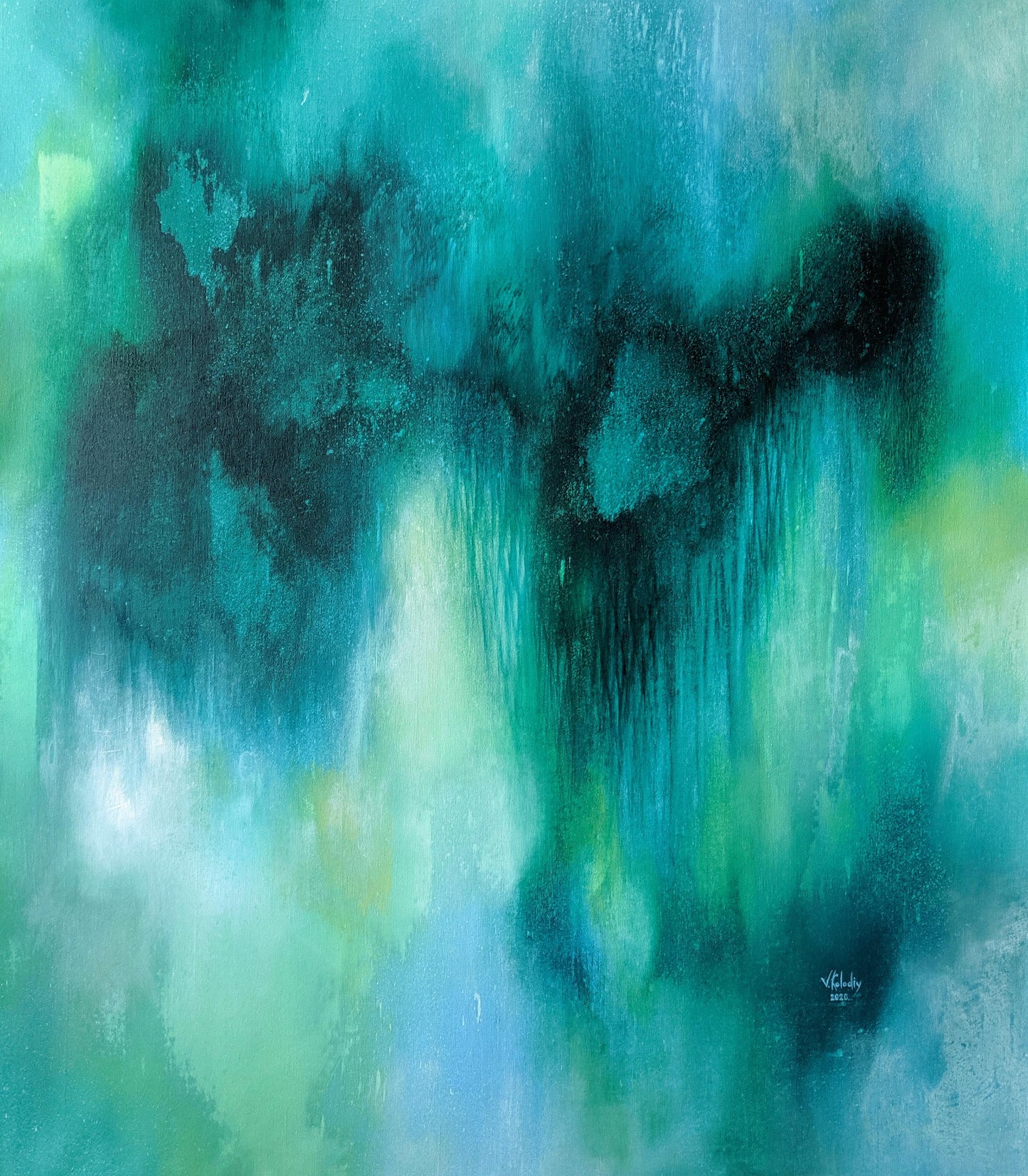Abstract artwork with swirling green and blue colors