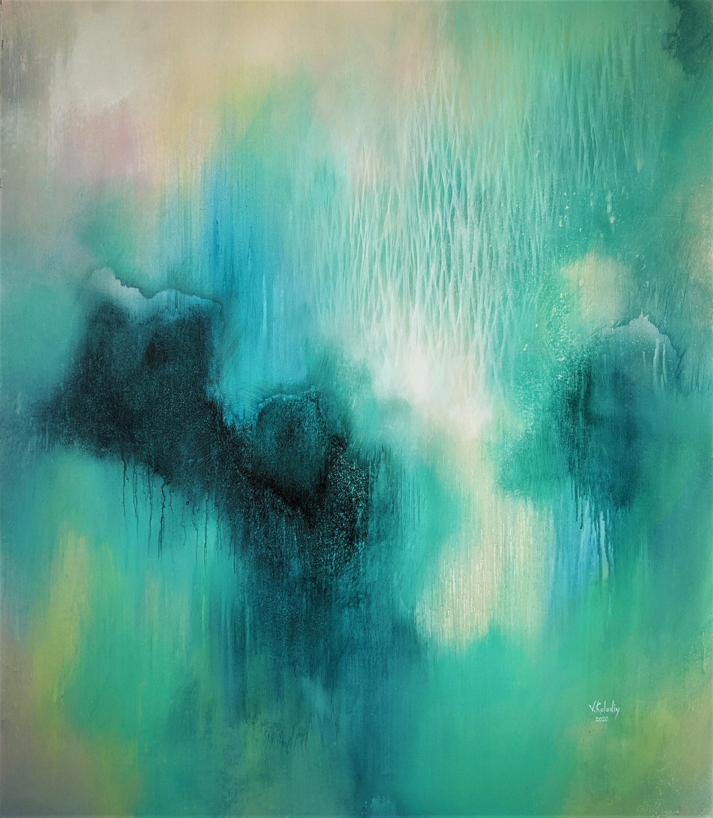 Abstract artwork with teal, green, and black colors