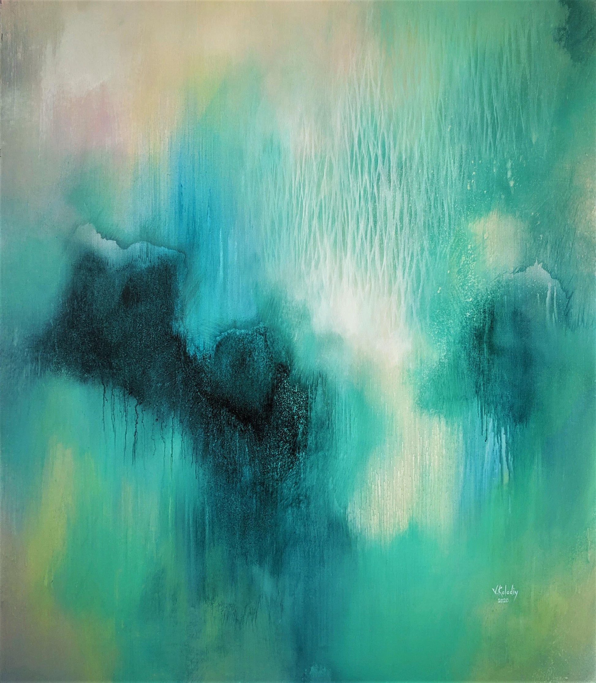 Abstract artwork with teal, green, and black colors