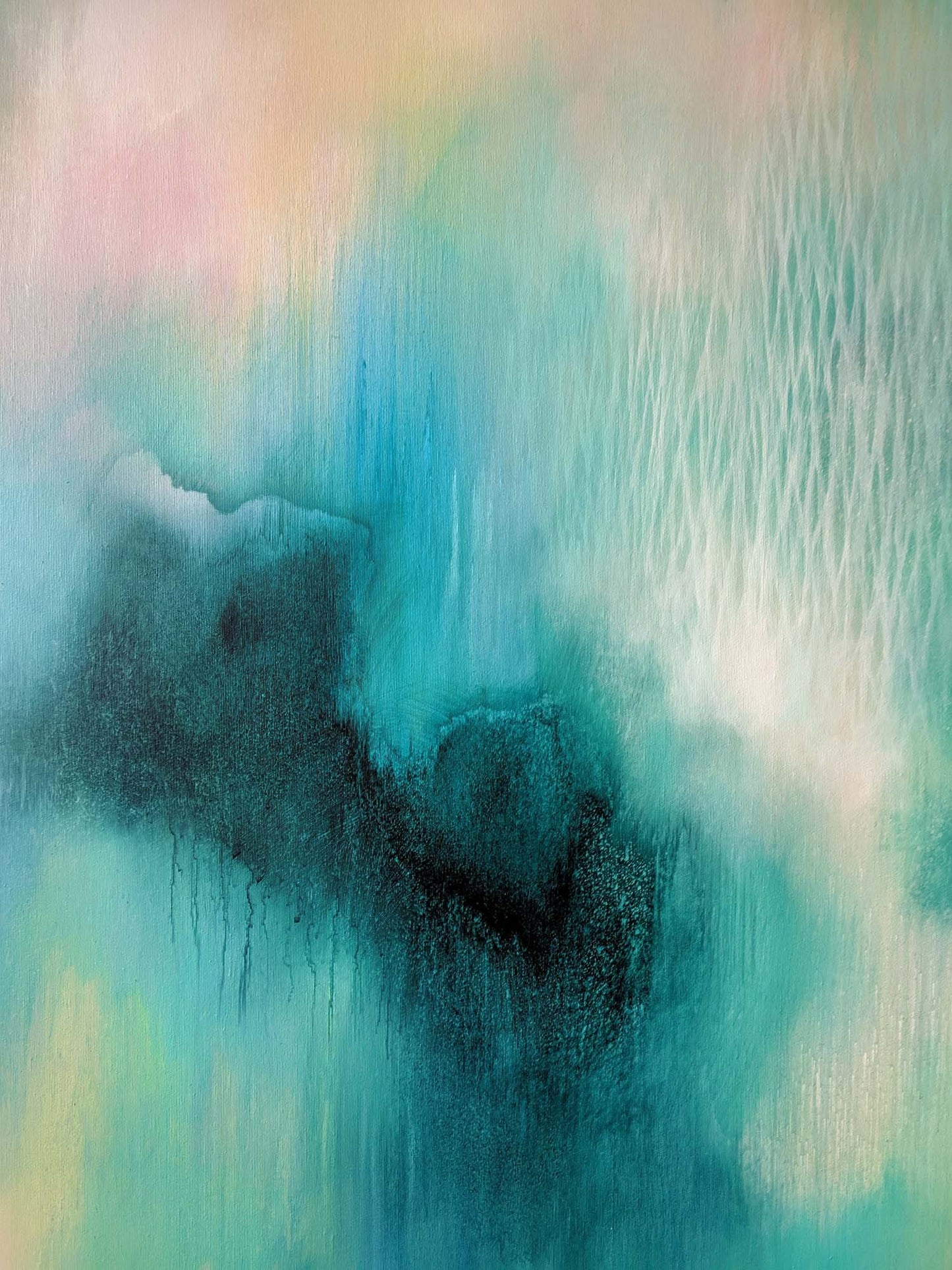Abstract art with teal, black, and white colors