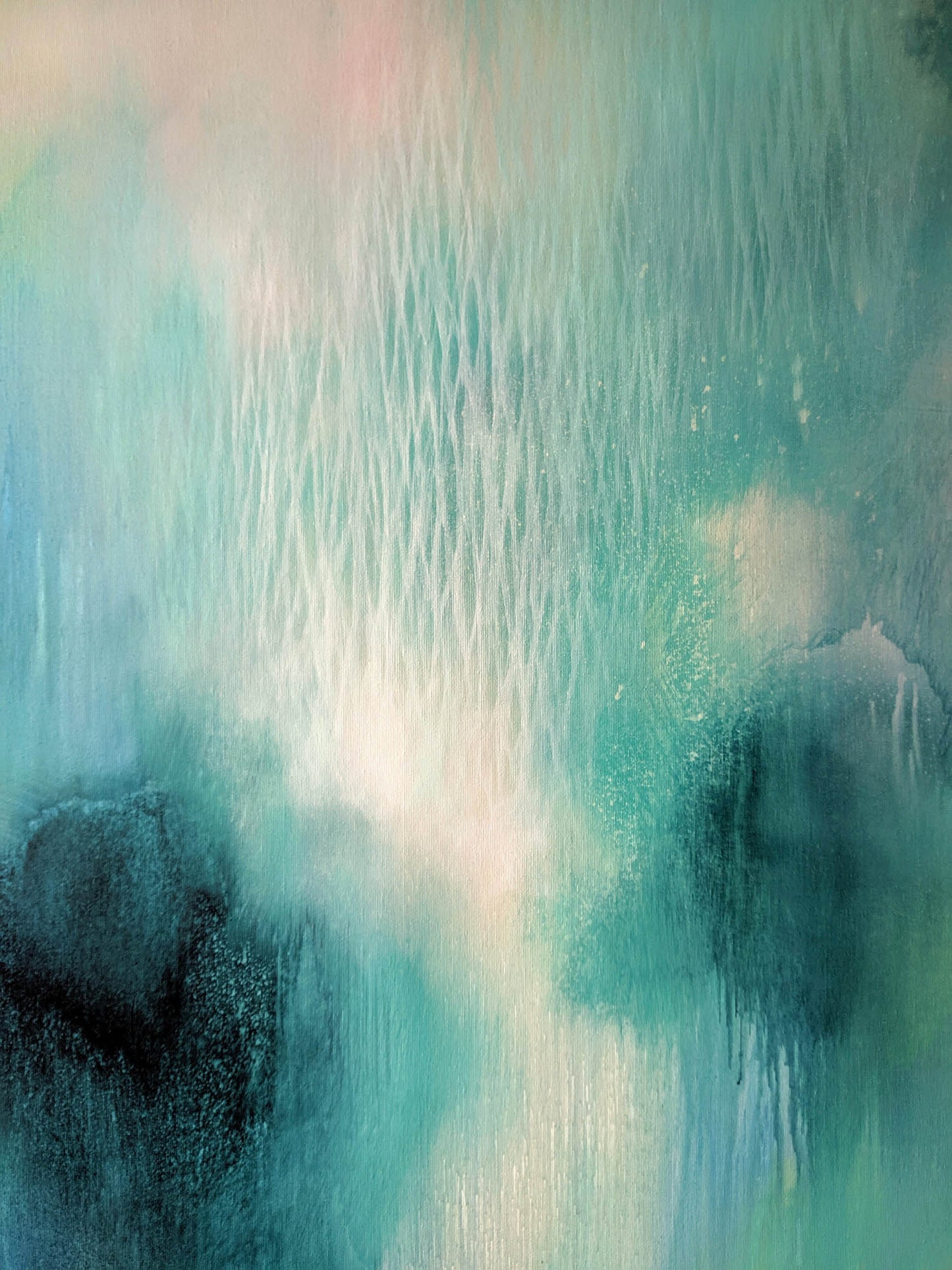 Abstract art with teal, black, and white colors