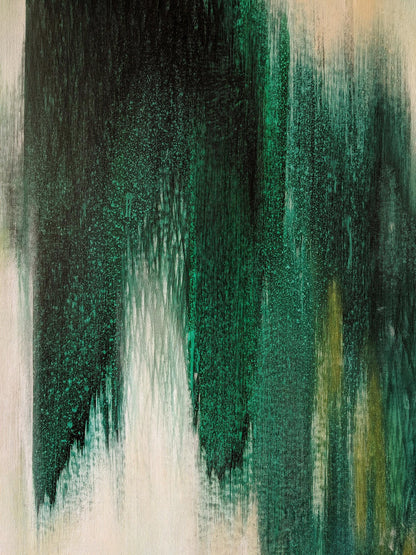Abstract art with green and black brush strokes on canvas