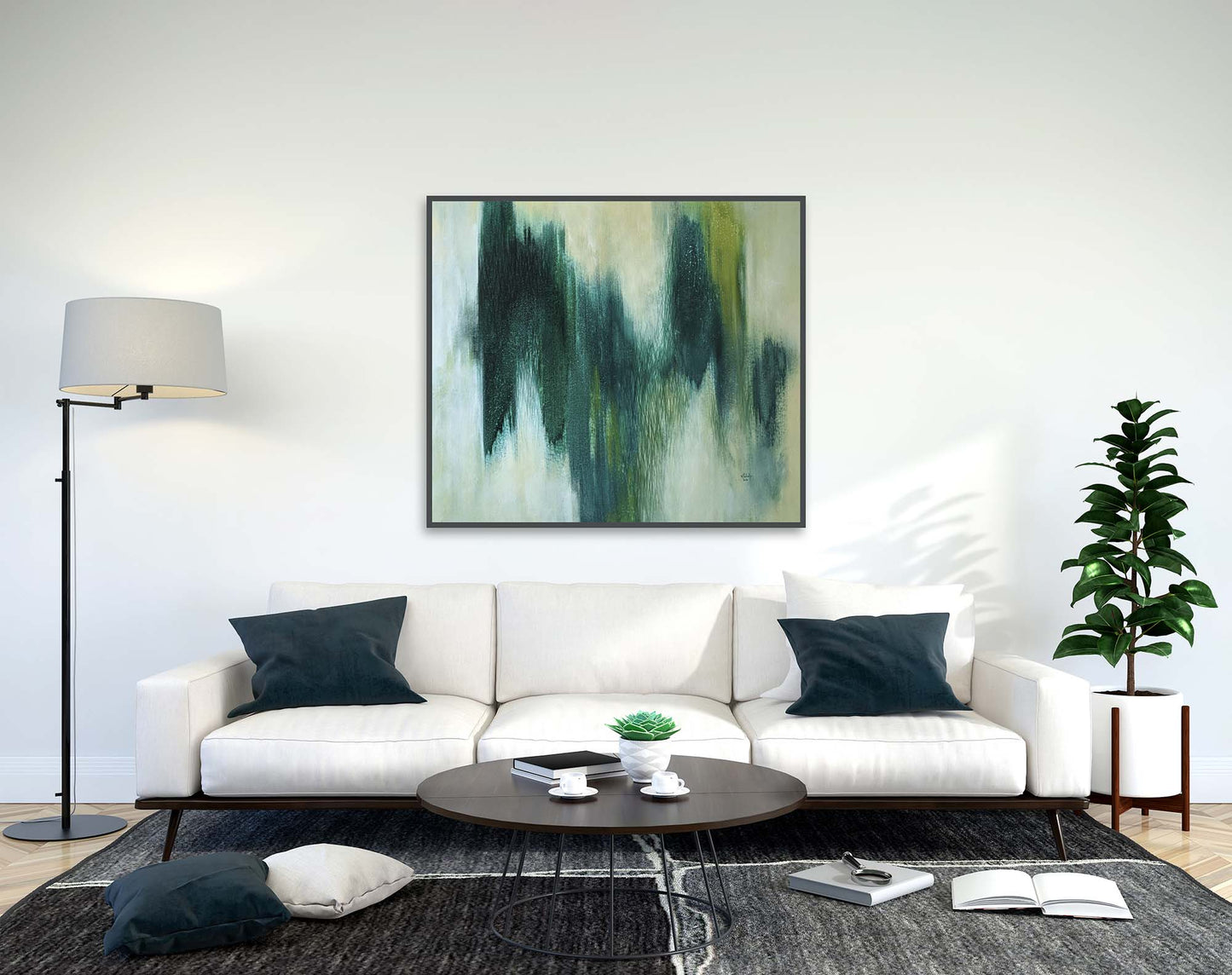 Modern living room with a white sofa, abstract painting, and decorative items.