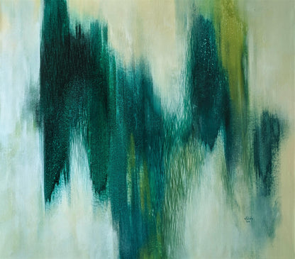 Abstract art with green and blue brush strokes on a beige background