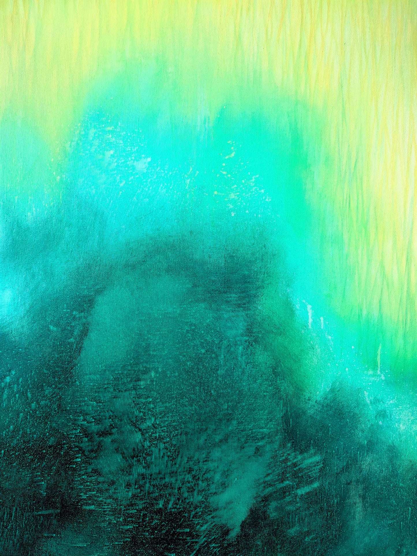 Abstract art with green and blue hues on a textured surface