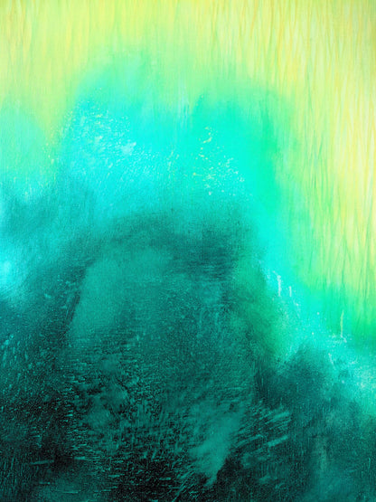 Abstract art with green and blue hues on a textured surface