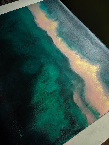 Abstract art with teal, pink, and black colors on a textured surface
