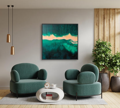 Modern living room with green armchairs, a white coffee table, and abstract art on the wall.
