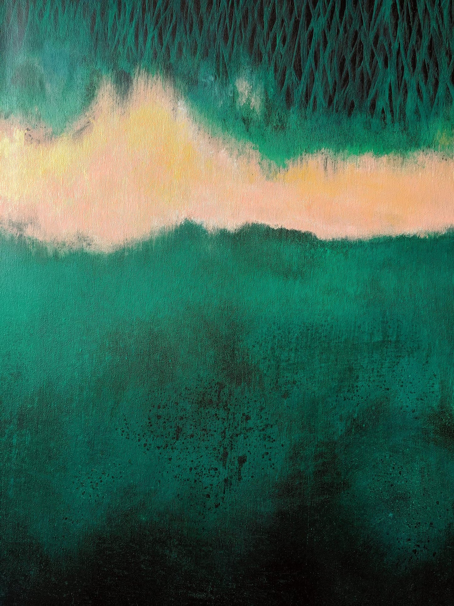 Abstract art with teal, green, and yellow colors