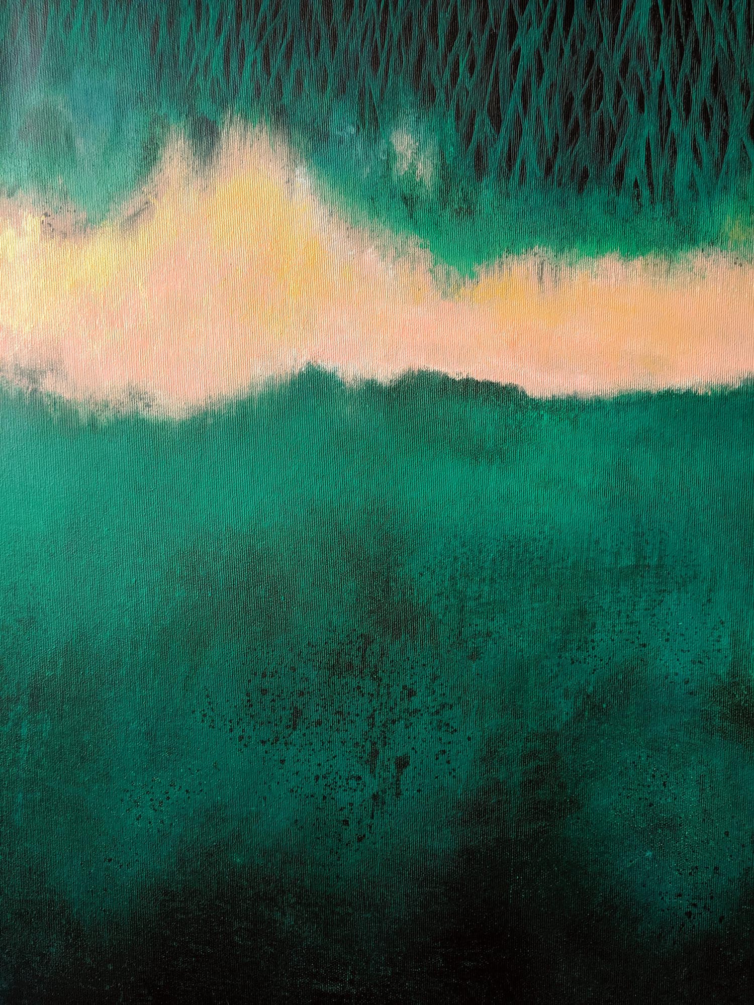 Abstract art with teal, green, and yellow colors