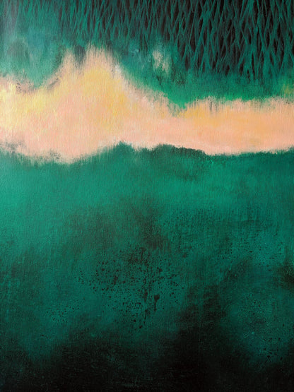 Abstract art with teal, green, and yellow colors