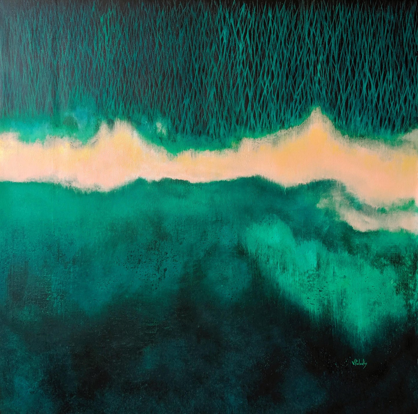 Abstract modern artwork with teal and beige colors