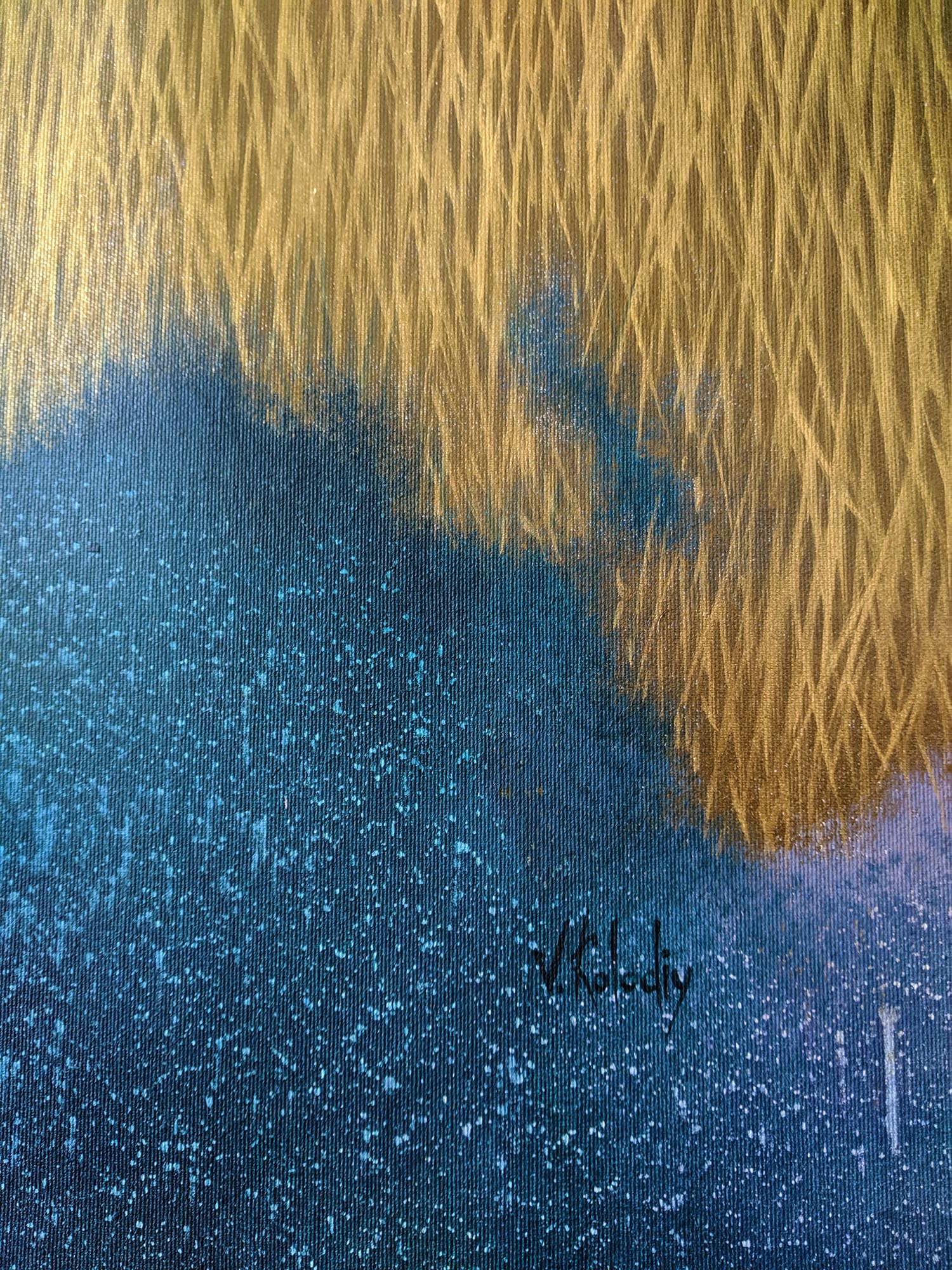 Abstract art with blue and gold colors on canvas