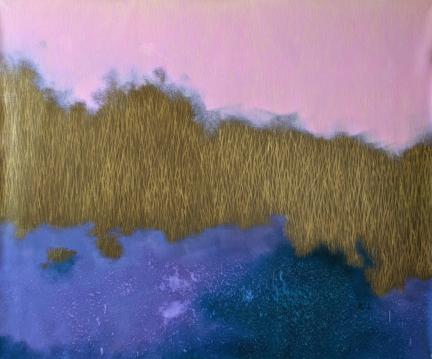 Gradient of pink, gold, and blue with textured surface