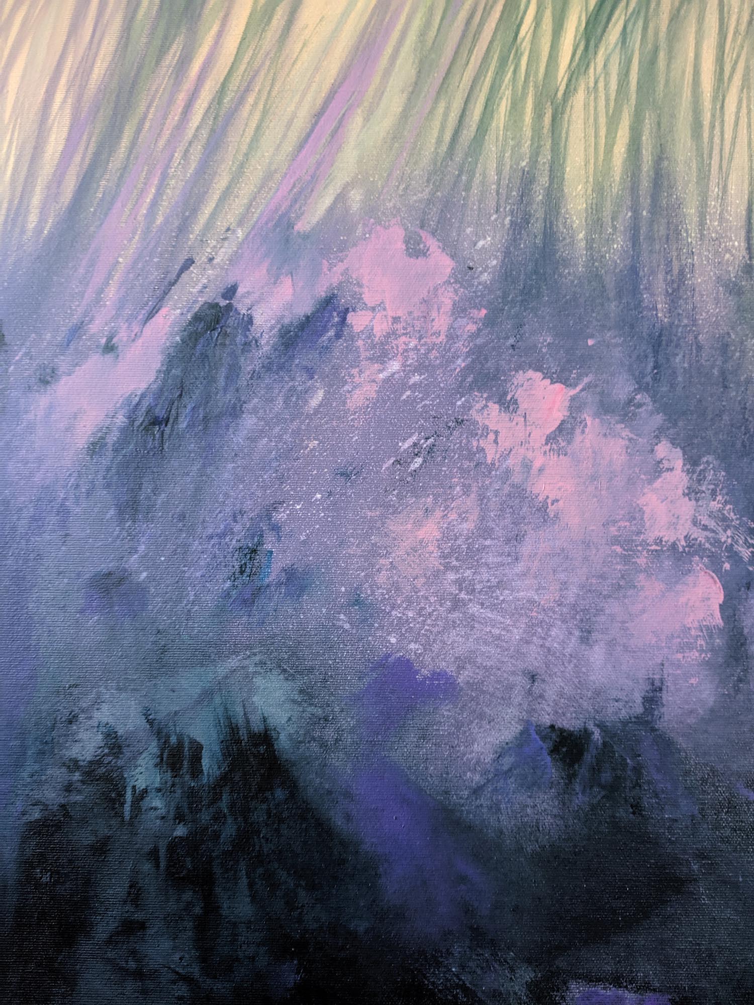 Abstract art with brush strokes in purple, green, and black